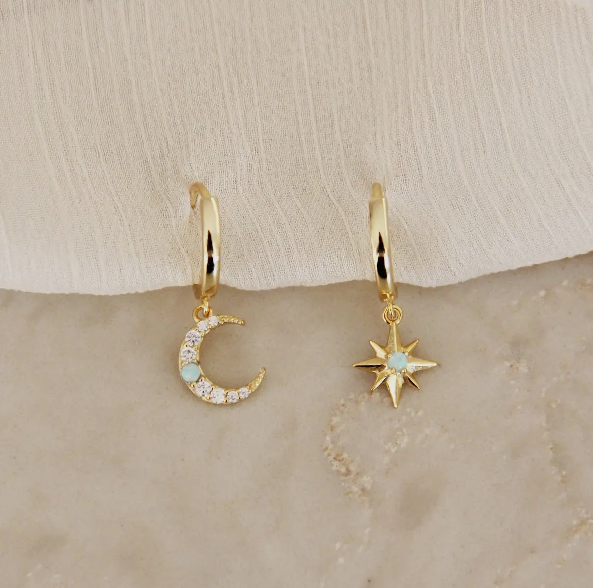 Opal Moon and Star Hoops